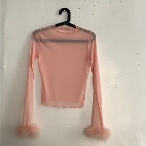Sheer pink top with feather sleeves